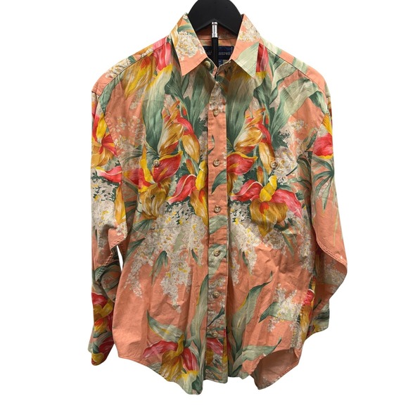 Vintage 90's Ralph Lauren Women's Tropical Print Linen Cotton Button Down 6